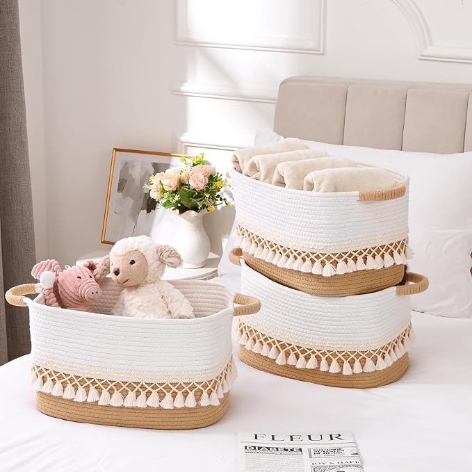 3 Pack Storage Basket for Shelves, Boho Cotton Rope Storage Bins - Image 2