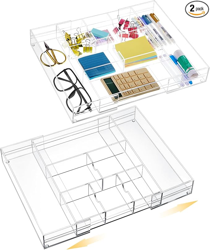 2 Pcs Acrylic Desk Drawer Organizer Maximum 12 x 18 x 2.1 Inch Expandable by Briwooody