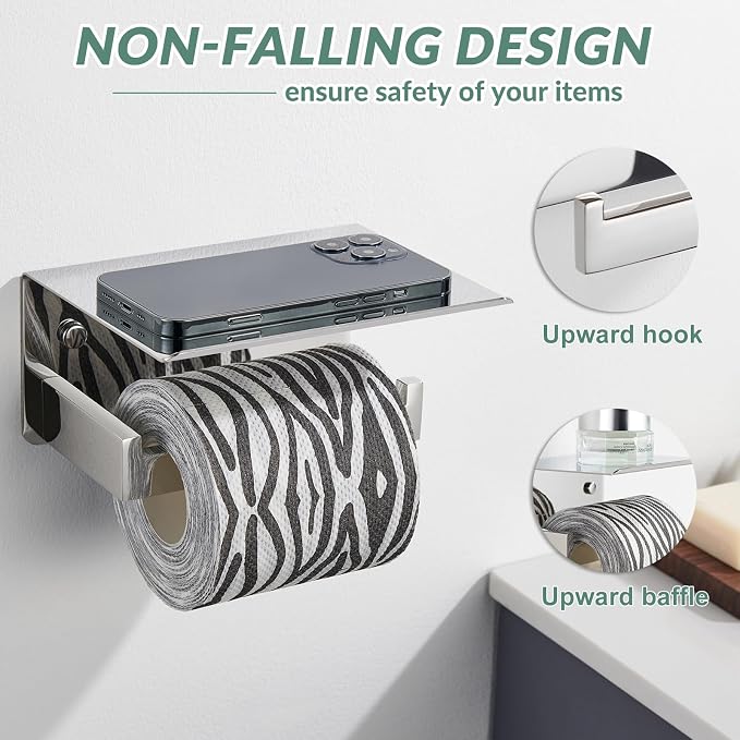 Toilet Paper Holder with Phone Shelf Polished Chrome, APLusee Bathroom - Image 4