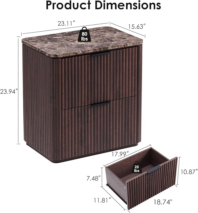 Fluted Nightstand Set of 2, Bedside Table - Image 3