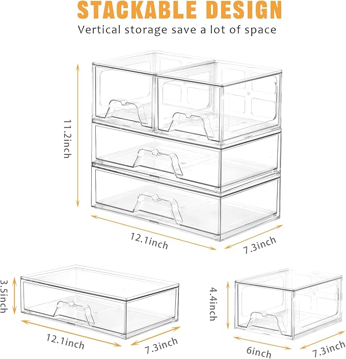 6 Pack Stackable Storage Drawers Clear Acrylic Organizer Makeup Bathroom - Image 2