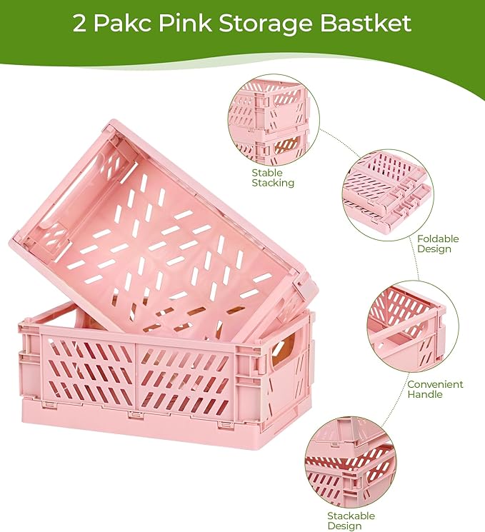 2-Pack Small Pastel Plastic Storage Baskets, Collapsible Crates - Image 2