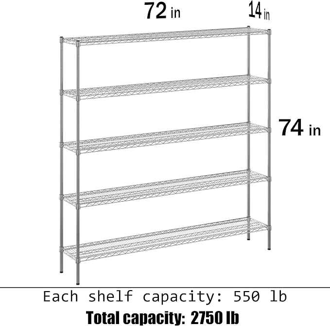 14" Deep x 72" Wide x 74" Height Wire Shelving Kit | 5-Tier | NSF Commercial - Image 3