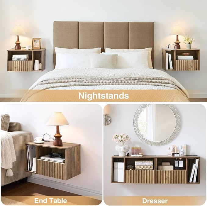 Modern Rustic Brown Fluted Floating Nightstand - Image 5