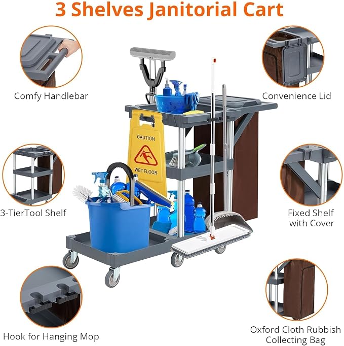 3 - Shelf Heavy - Duty Commercial Janitorial Cart - 16 - Gallon Trash Bag - Image 2