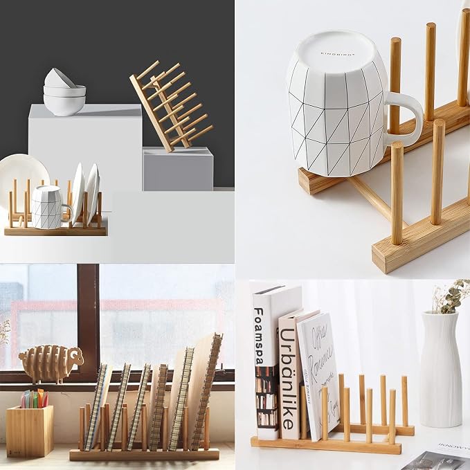 INNERNEED Bamboo Wooden Dish Rack, Vertical Plate & Lid Organizer - Image 3