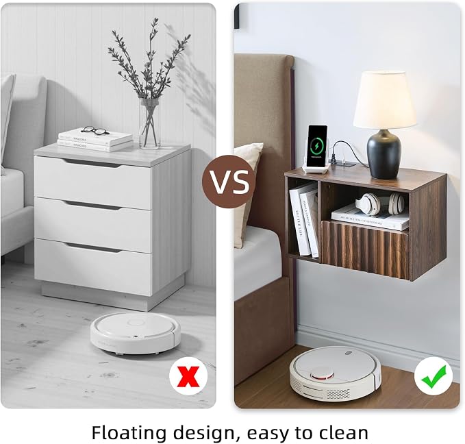 Floating Nightstand with Charging Station, Walnut Fluted Wall Mounted - Image 6