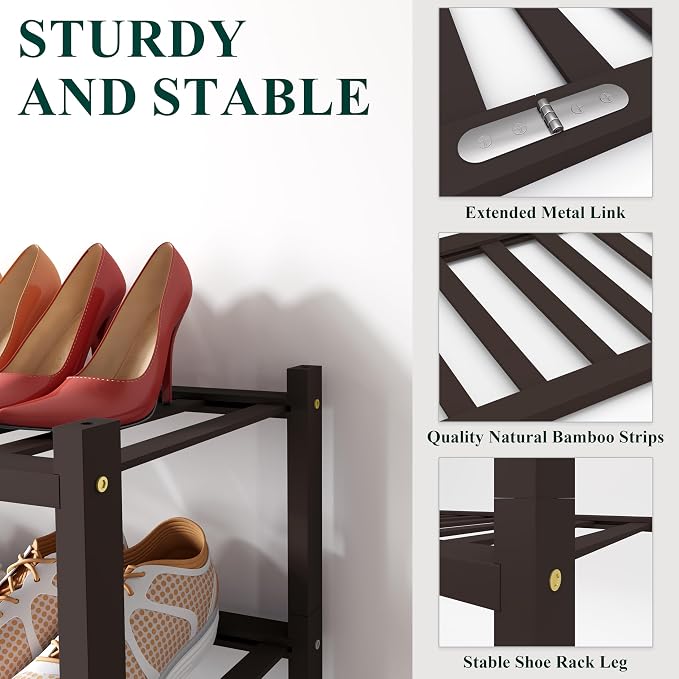 Smiry Bamboo Shoe Rack for Closet, 2 Tier Long Wooden Stackable Shoe Organizer - Image 2