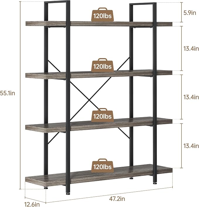 Bookshelf Set of 2, Heavy Duty 4-Tier Industrial Bookcase, 120lbs Shelf Capacity - Image 2