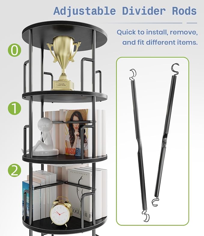 5 Tier Rotating Bookshelf Tower Round Black, 62”Tall Standing Spinning - Image 4