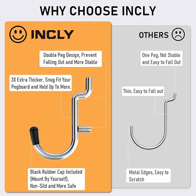 INCLY 176PCS Extra Thick Pegboard Hooks, 1/4" Heavy Duty Metal Peg Board Hooks - Image 2
