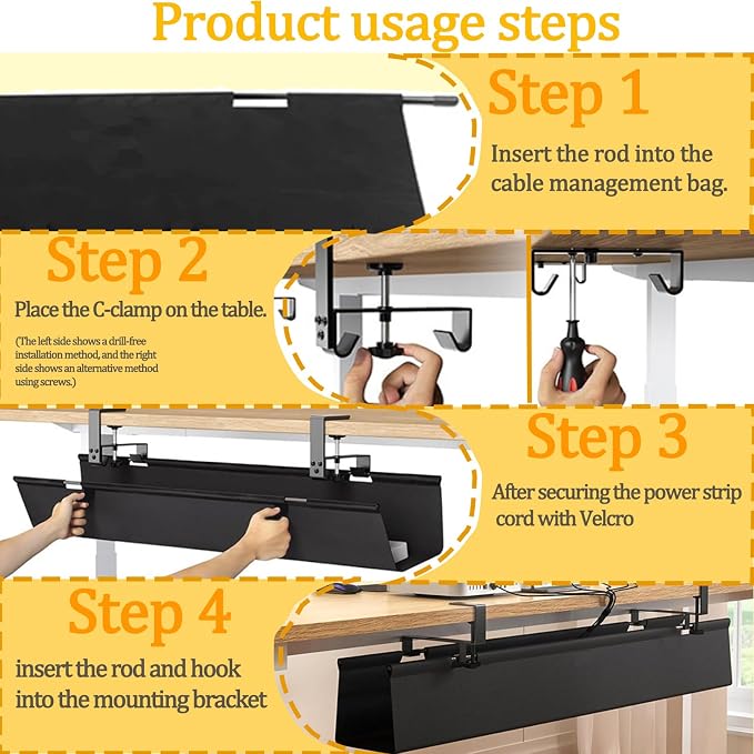 No Drill Under-Desk Cable Management Tray, Desktop Cable Organizer, Fabric - Image 2