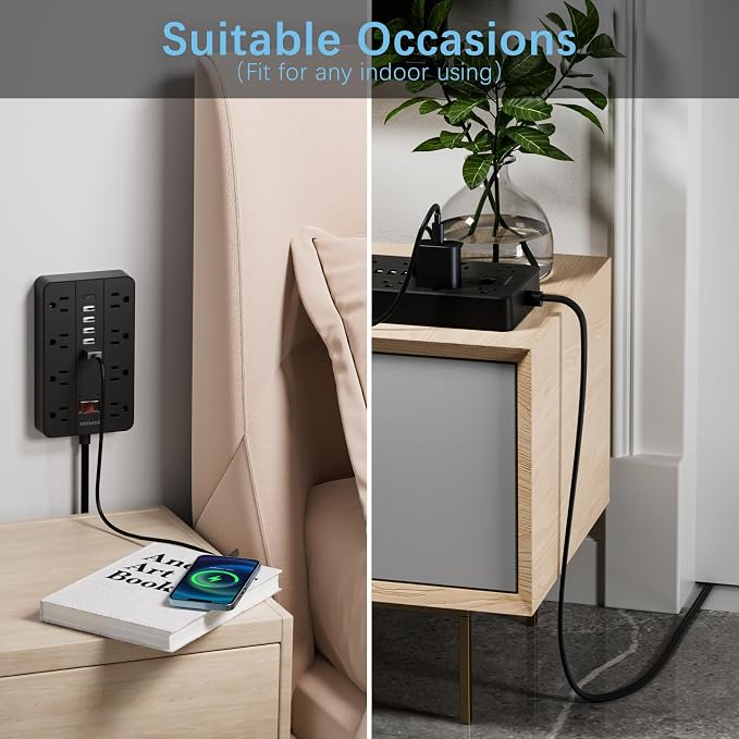 Power Strip with USB Ports, HUNIAN 5 Ft Extension Cord Flat Plug with 8 Outlets - Image 5