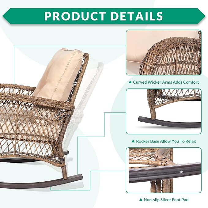 VIVIJASON 2 Piece Patio Wicker Rattan Rocker Chair, Outdoor Rattan Rocker Chair - Image 3