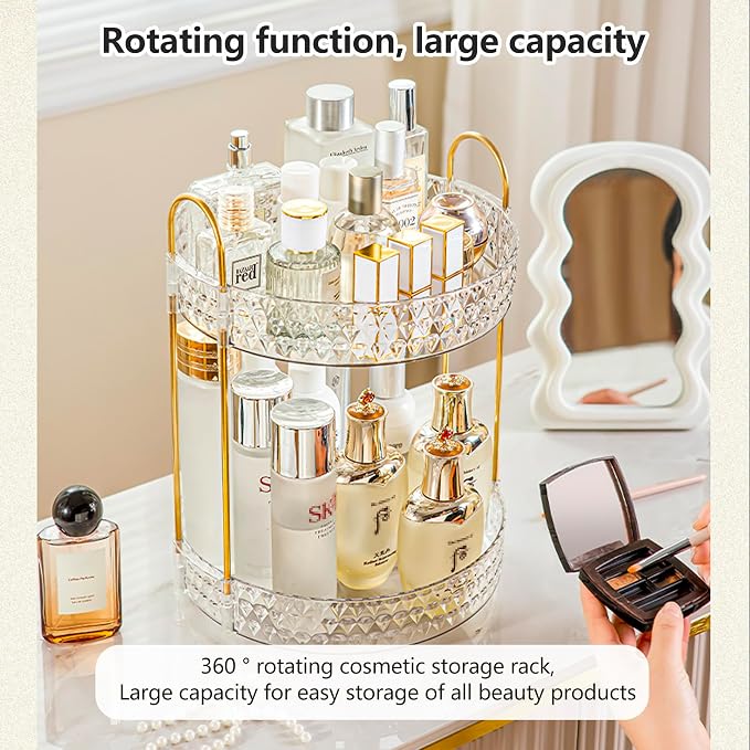 Double Layered Glass Tray with Golden Handles, Circular Decorative Storage Rack - Image 2