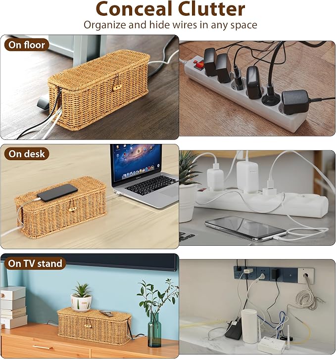 Cable Management Box, Handwoven Faux Rattan Cord Organizer Box - Image 3