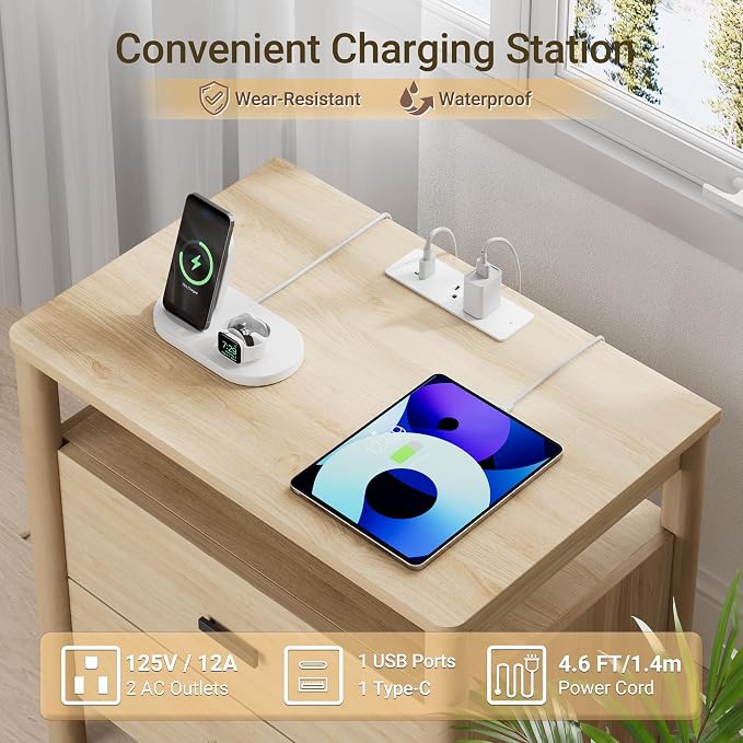 Night Stand with Charging Station, 2 Drawers End Table with Open Shelf - Image 4