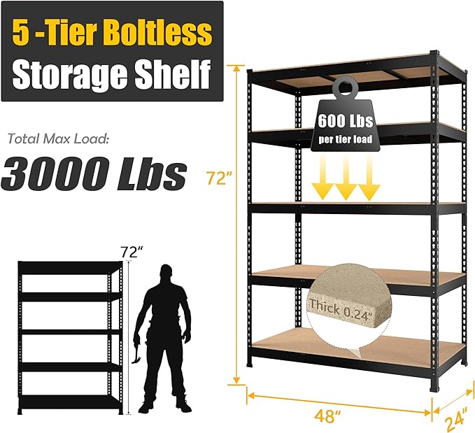 PrimeZone 4 Pack Storage Shelves 48" x 24" x 72", 5 Tier Adjustable Garage - Image 3
