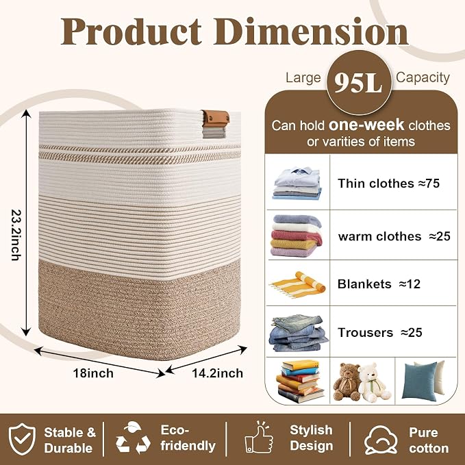 Laundry Hamper, 95L Tall Laundry Basket - Image 3