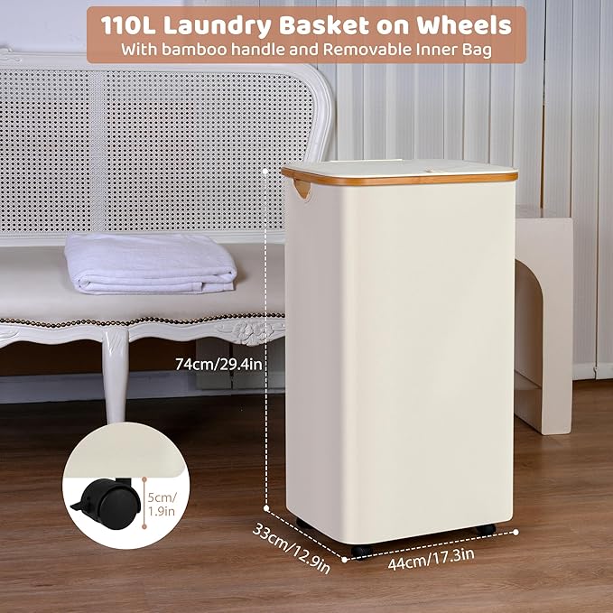 Laundry Basket with Wheels, 110L Clothes Hamper - Image 4