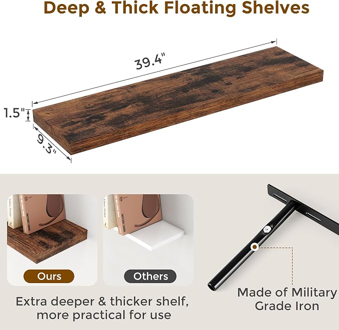 Fun Memories 40 Inch Floating Shelvese, Farmhouse Wood Wall Shelves - Image 3