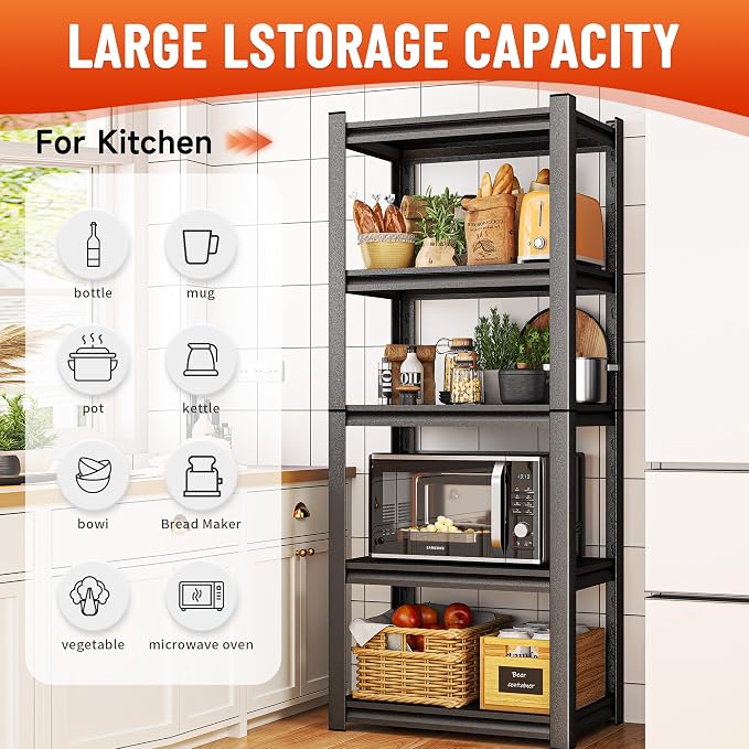 5-Tier Metal Storage Shelves, Adjustable Heavy Duty Shelving Units, Kitchen - Image 3