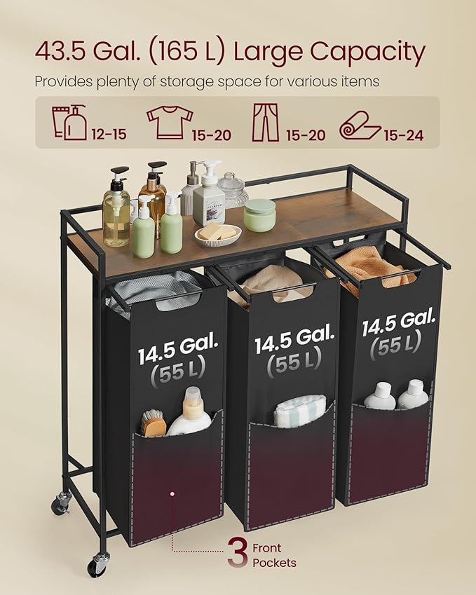 VASAGLE Laundry Sorter, 43.5 Gal. Laundry Hamper Basket - Image 3