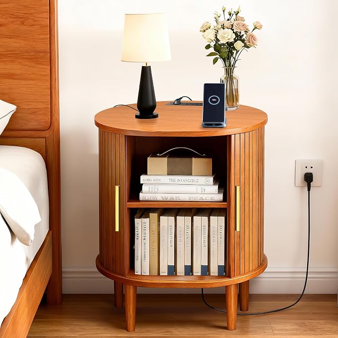 Nightstand with Charging Station, Fluted Accent Side Table with Sliding Door & - Image 4