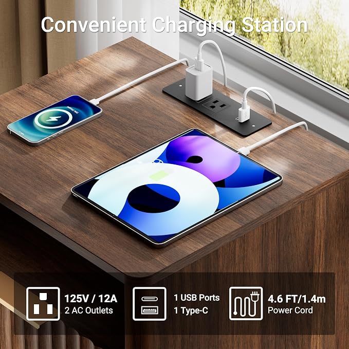 Fluted Night Stand with Charging Station, 2 Drawers End Table with Storage - Image 3
