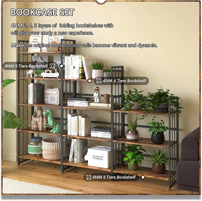 4NM No Assembly 3 Tiers Folding Bookshelf - Image 5