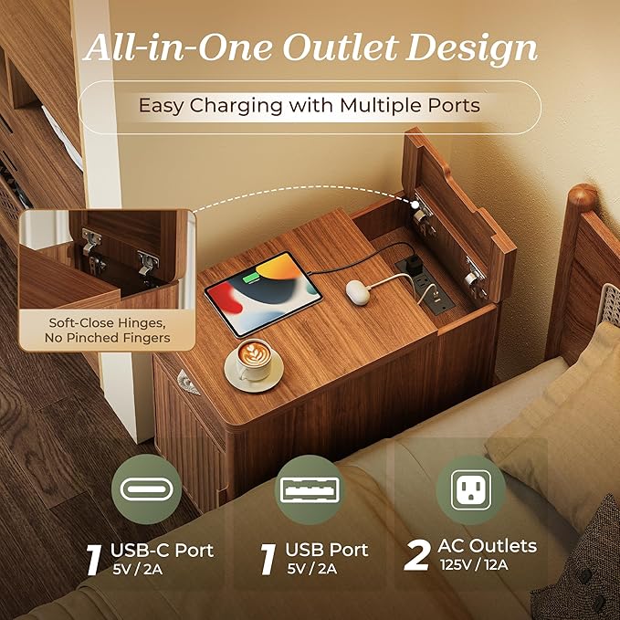Huuger Narrow Nightstand with Charging Station, USB-C Port, Fluted End Table - Image 4