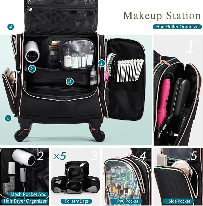 Stagiant Rolling Makeup Train Case, Professional Makeup Case, Travel Cosmetic - Image 3