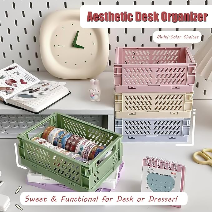 Small Pastel Plastic Storage Bins 2Pcs Foldable Pastel Crates Plastic Basket - Image 3
