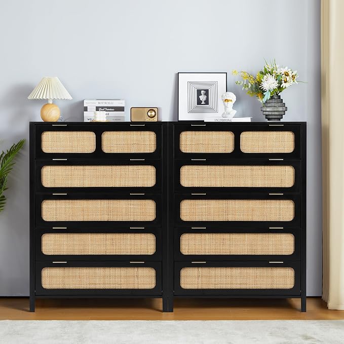LEVNARY 5 Drawer Chest Dresser, Rattan Tall Dresser 5 Chest of Drawers Dressers - Image 7