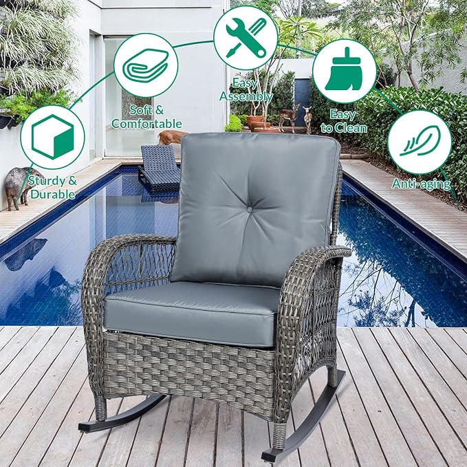 VIVIJASON 2 Piece Patio Wicker Rattan Rocker Chair, Outdoor Rattan Rocker Chair - Image 5