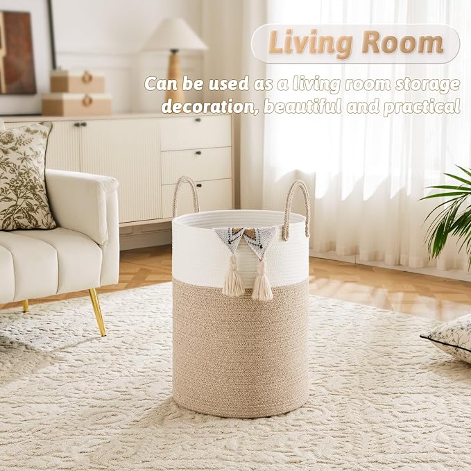 Laundry Basket, Woven Cotton Rope Laundry Hamper, 80L - Image 5