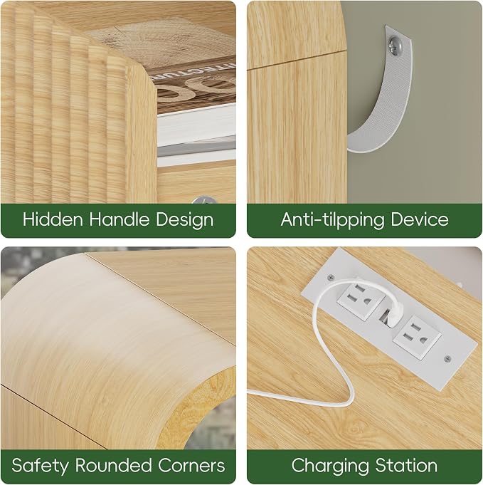 Natural Oak Nightstand with Charging Station, Mid Century Modern Bedside Table - Image 7
