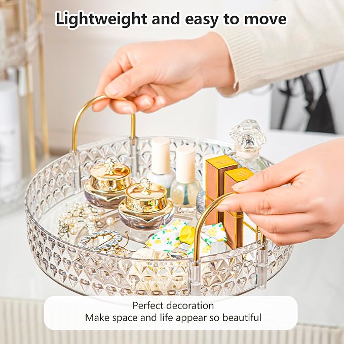 Double Layered Glass Tray with Golden Handles, Circular Decorative Storage Rack - Image 3
