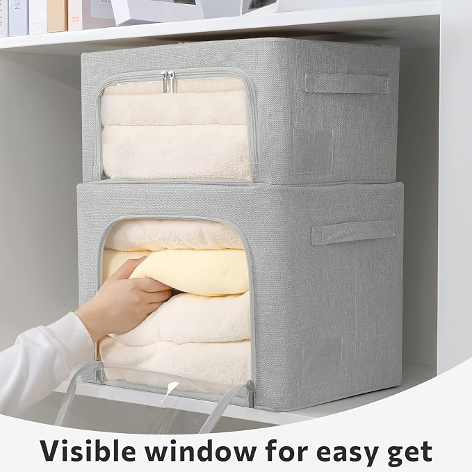 FHSQX 2 Pack Clothes Storage Bins Stackable Metal Frame Storage Box Large - Image 6