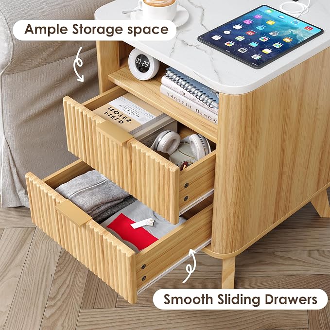 Nightstand with Charging Station, Fluted Nightstand with LED Lights, Modern - Image 5