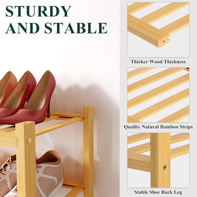 Smiry Bamboo Shoe Rack for Closet, 6 Tier Small Wooden Stackable Shoe Organizer - Image 2