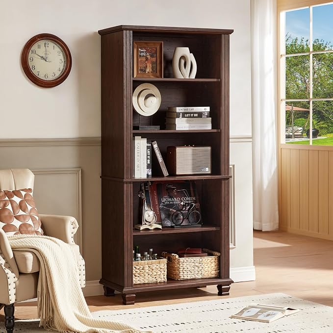 70" Tall Walnut Bookshelf, 5 Tier Wooden Book Shelf - Image 2