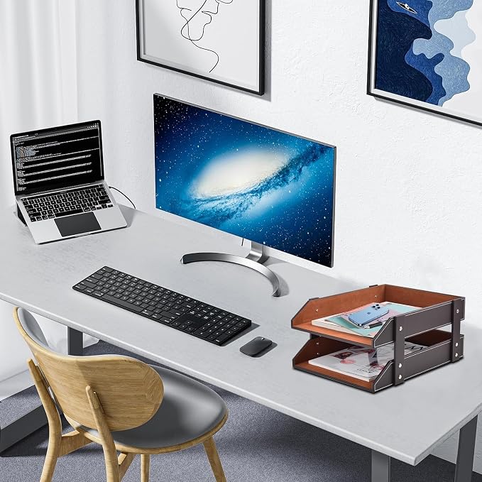 Leather Desk Organizer, 2-Tier Stackable Letter Tray Holder, Office Supplies - Image 7