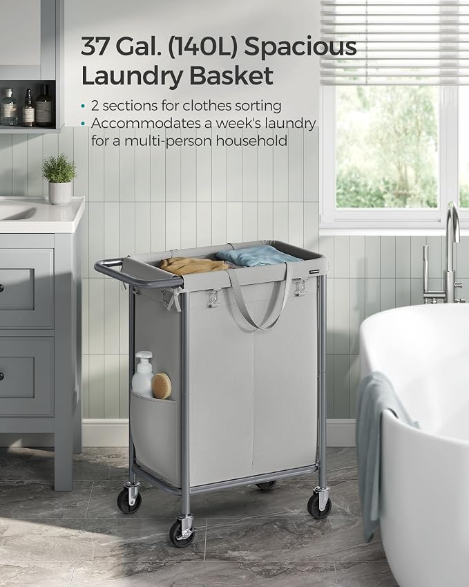 SONGMICS Laundry Basket with Wheels, 2-Section Rolling Laundry Hamper, 37 - Image 3