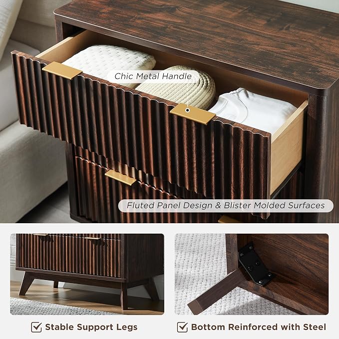 T4TREAM Fluted 3 Drawers Nightstand, Oversized Extra Large Modern Side Table - Image 6