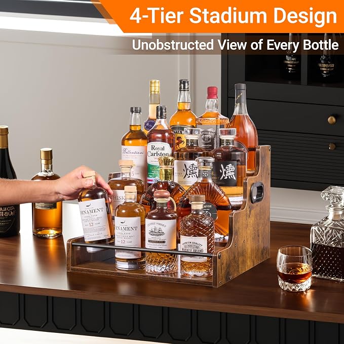 2 Pack 4-Tier Liquor Bottle Display Shelf, 16-Inch Wooden Bar Shelves - Image 2
