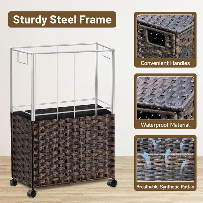 70L Slim Laundry Hamper with Lid & Wheels, Rolling Laundry Basket with 2 - Image 7