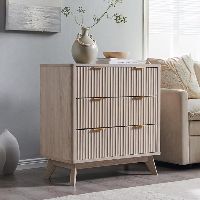 T4TREAM Fluted 3 Drawer Dresser, Curved Profile Design, Wood Drawer Organizer - Image 6