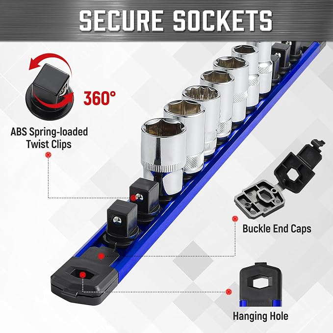 ALOANES 3-Piece Magnetic Socket Organizer, Heavy Duty Aluminum Socket Rails - Image 3