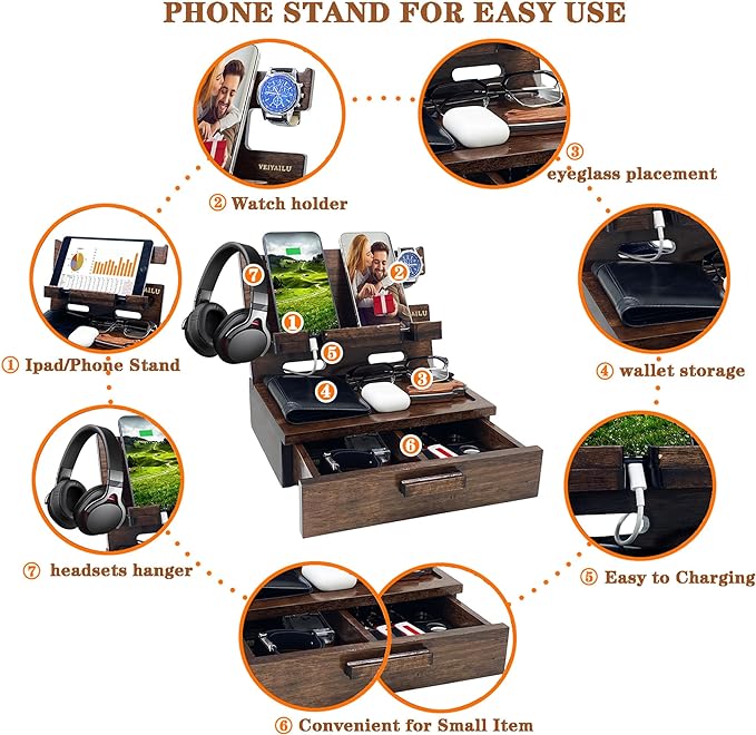 Gifts for Men Women Husband Son Boyfriend Him Nightstand Organizer Wood Phone - Image 5